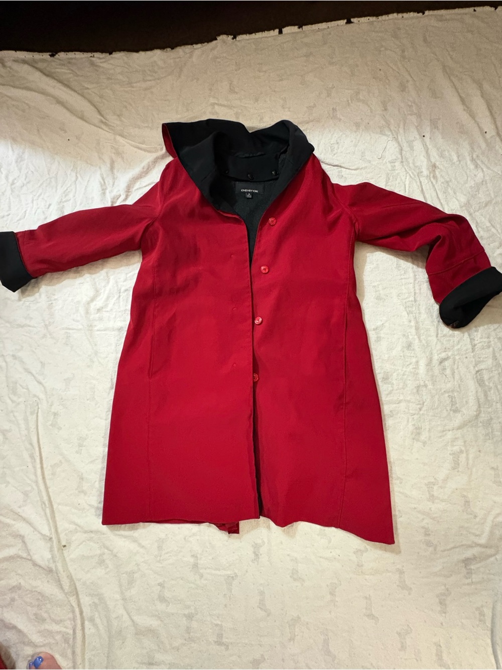 Jones New York Red Trench Coat with Black Hood Trim - Picture 8 of 11